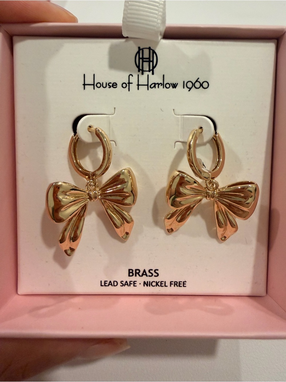 House of Harlow 1960 Shiny Gold Bow Hoop Earrings - Picture 1 of 4